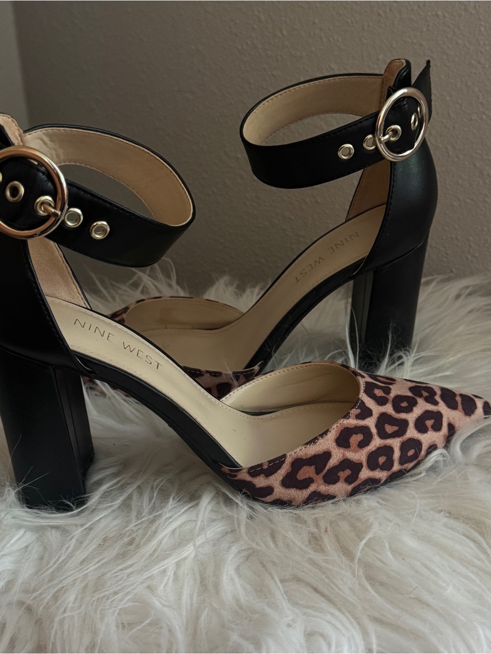 Nine West Black Ankle-Strap Block Heels with Leopard Print Toe Size 6.5